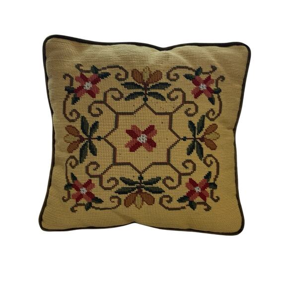 Vintage Needlepoint Handmade Flower Decorative Pillow Floral Velvety Yellow - Picture 1 of 8
